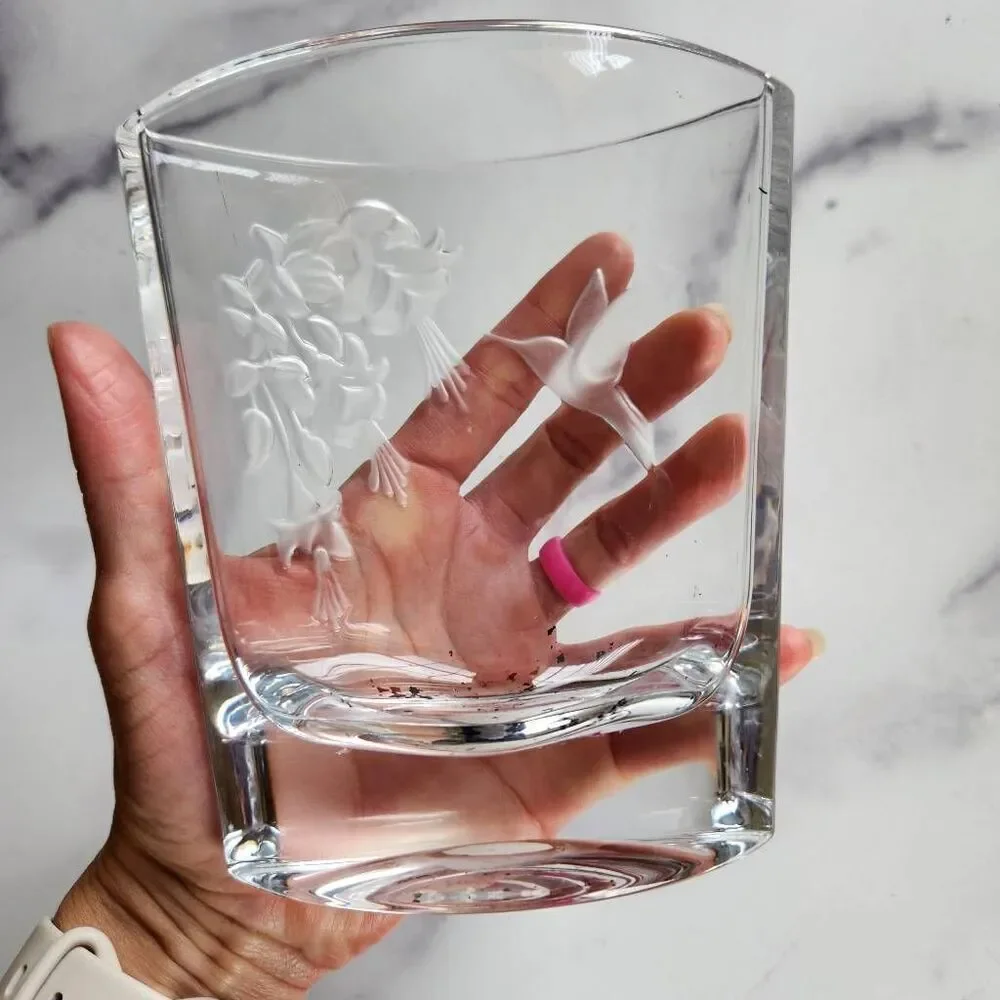 Teleflora lead crystal hummingbird floral clear glass vase Czech Republic short